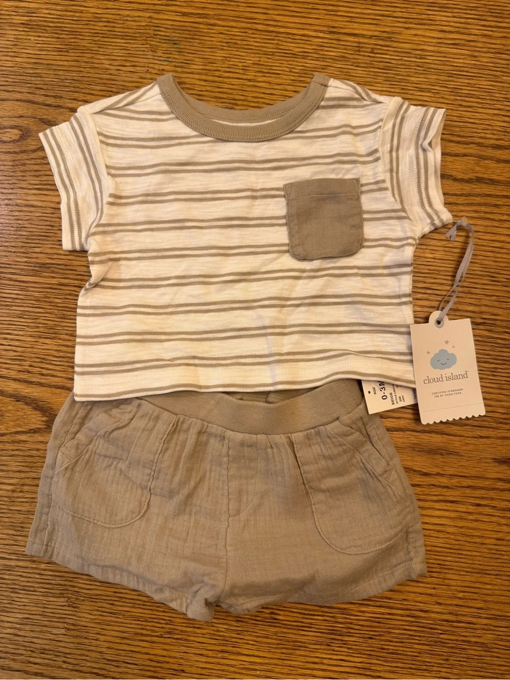Cloud Island Cream & Taupe Striped Tee with Taupe Shorts Set